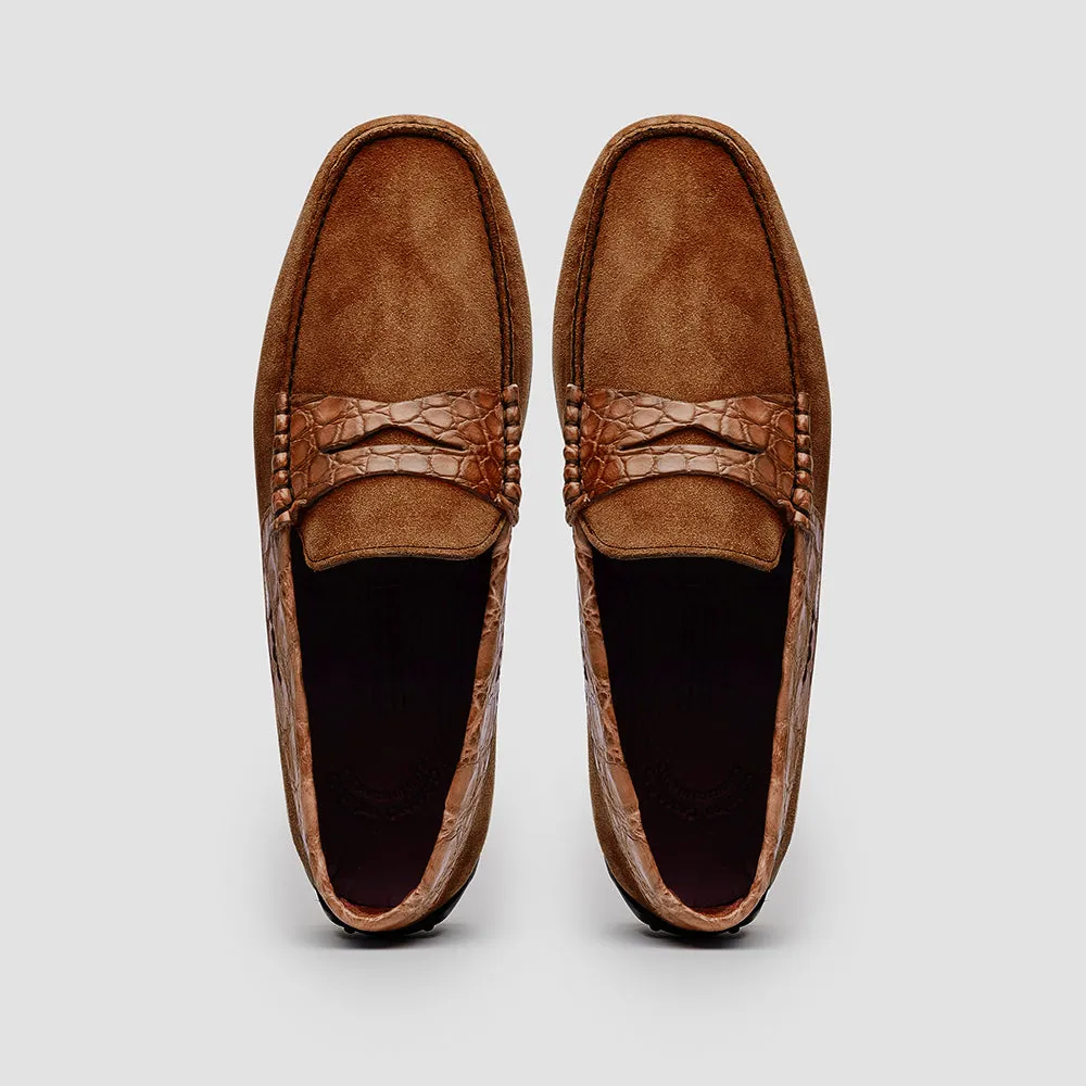 31-160-CGN MONZA Sueded Calfskin with Crocodile Driver, Cognac