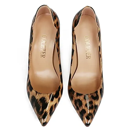 COLETER High Heels for Women, 4.72 inch/12cm Pointed Toe Dress Shoes Stiletto Heels Evening Party Pumps Leopard 6.5 US