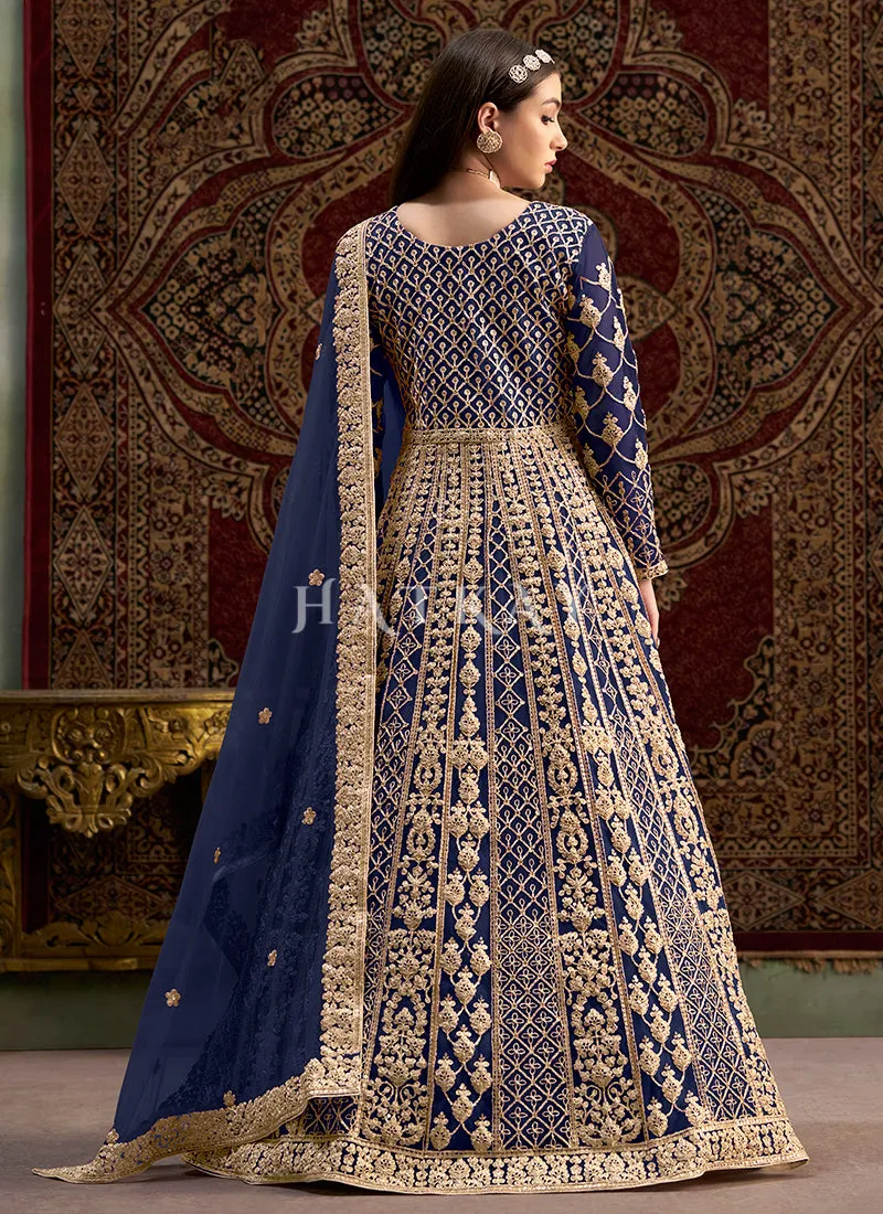 Dark Blue Embroidered Traditional Anarkali Suit