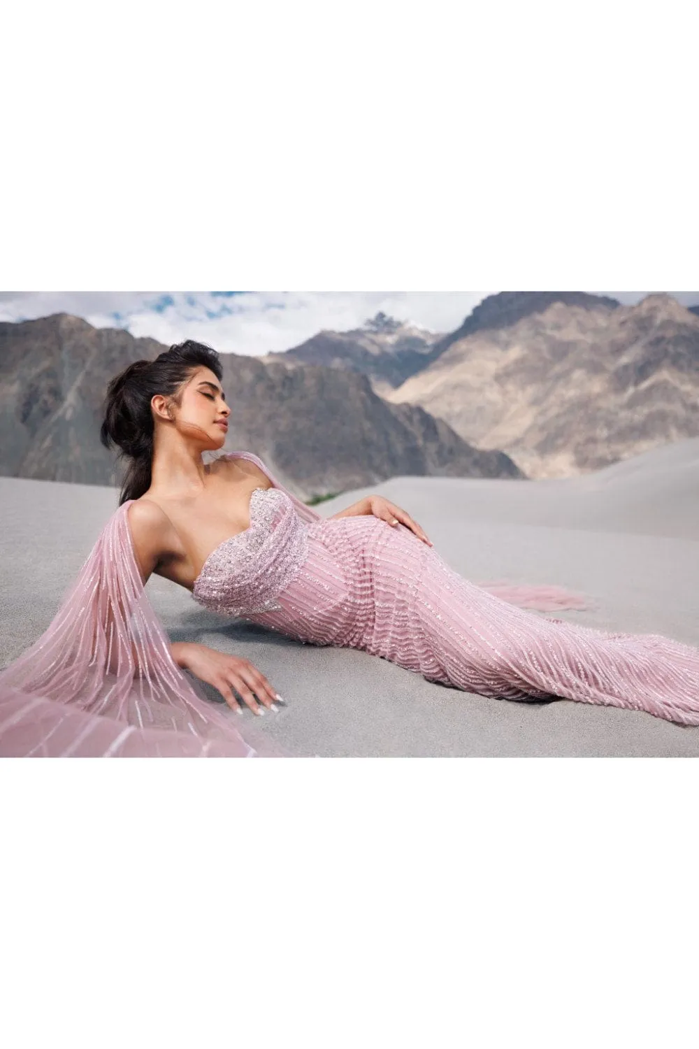 Fresh Pink Wing Sleeves Gown