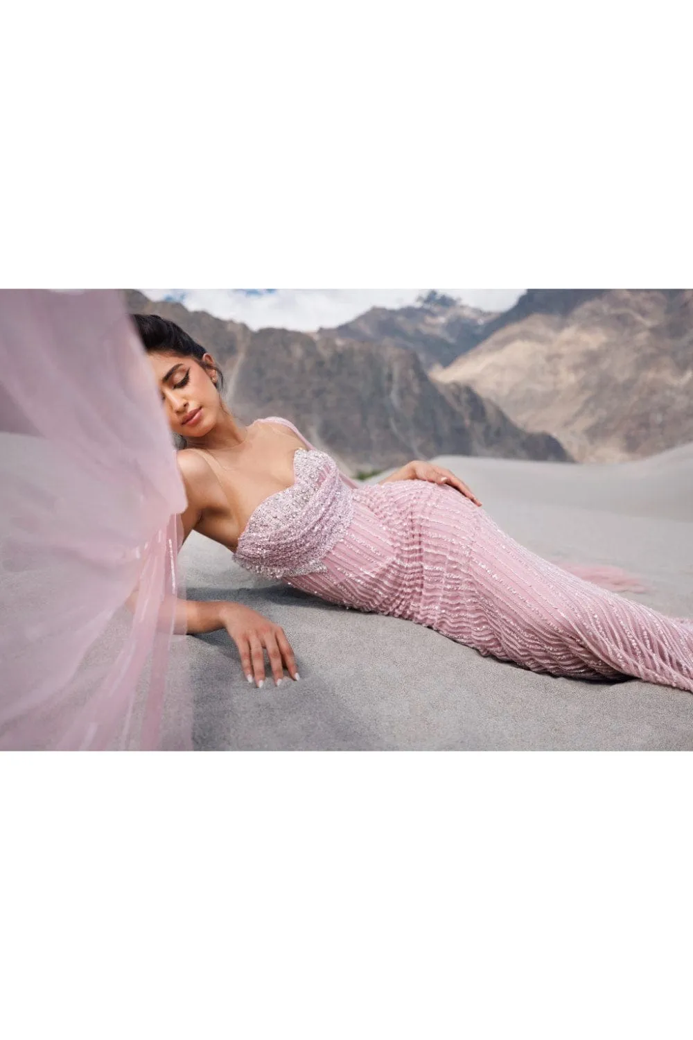 Fresh Pink Wing Sleeves Gown