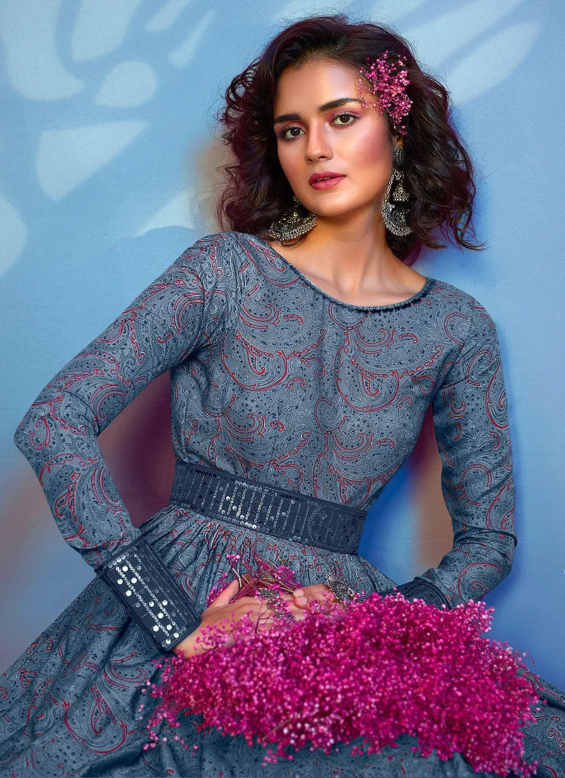 Grey Floral Print And Sequence Embroidered Crape Gown