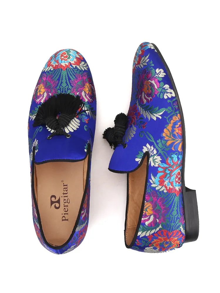 Italian big-name Chinese-style floral silk handmade men's loafers with exquisite tassels and trendy smoking shoes