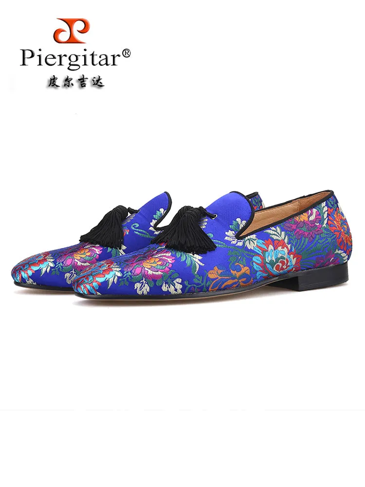 Italian big-name Chinese-style floral silk handmade men's loafers with exquisite tassels and trendy smoking shoes