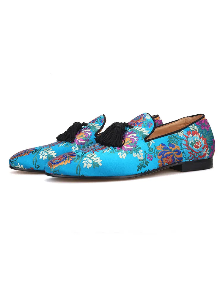 Italian big-name Chinese-style floral silk handmade men's loafers with exquisite tassels and trendy smoking shoes