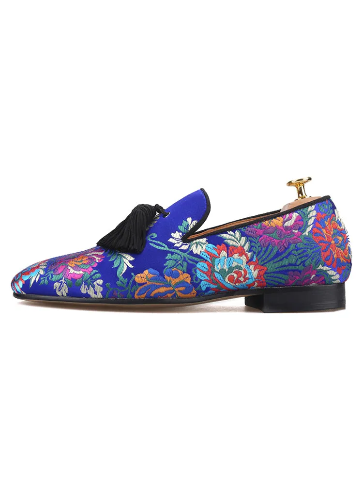 Italian big-name Chinese-style floral silk handmade men's loafers with exquisite tassels and trendy smoking shoes