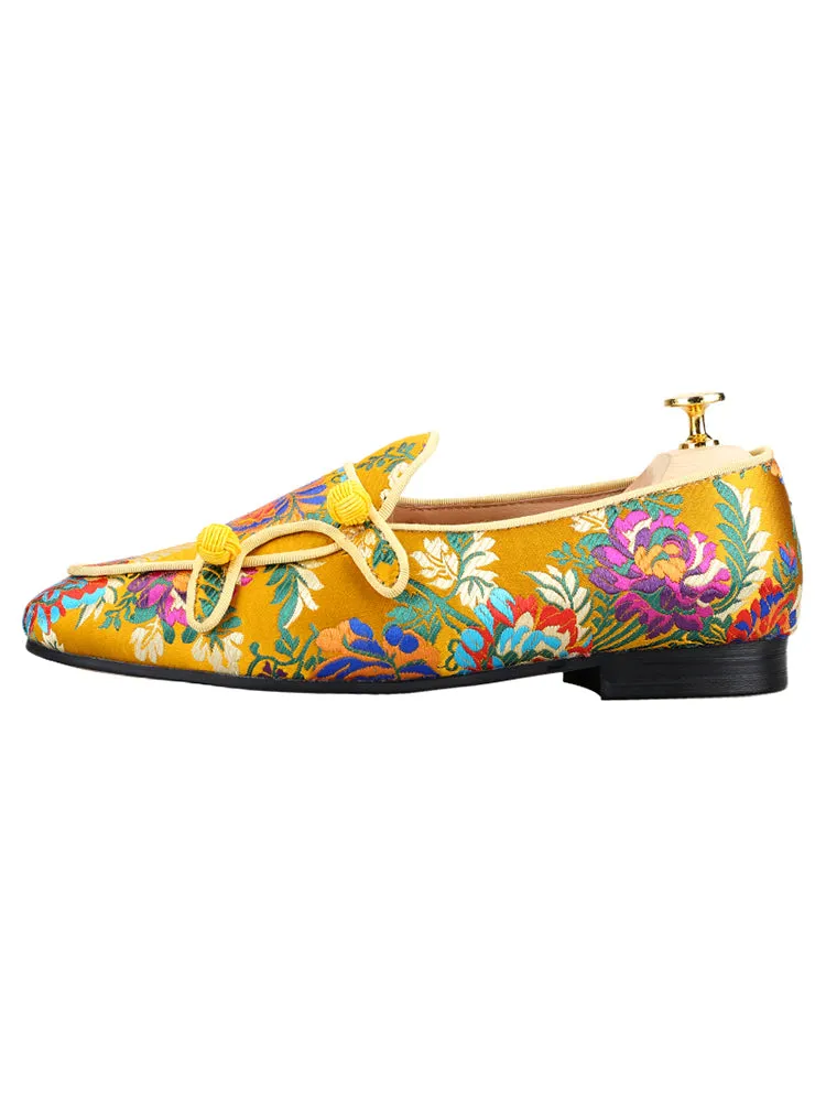 Italian big-name design new Chinese-style printed silk slip-on loafers for men with handmade buckles for men
