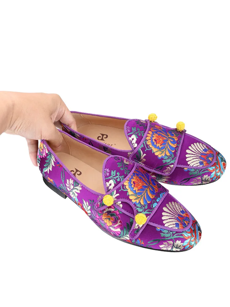 Italian big-name design new Chinese-style printed silk slip-on loafers for men with handmade buckles for men