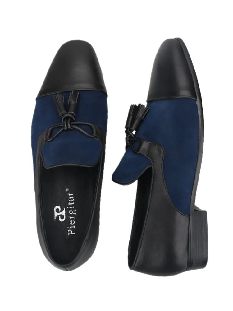 Italian design dark blue nubuck leather stitching black cowhide men's loafers handmade tassel smoking shoes