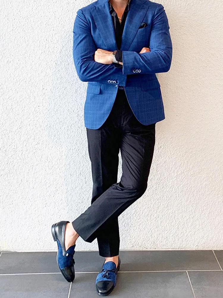 Italian design dark blue nubuck leather stitching black cowhide men's loafers handmade tassel smoking shoes