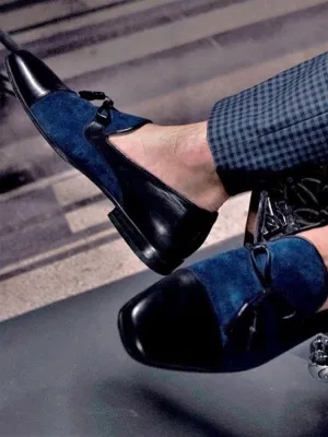 Italian design dark blue nubuck leather stitching black cowhide men's loafers handmade tassel smoking shoes