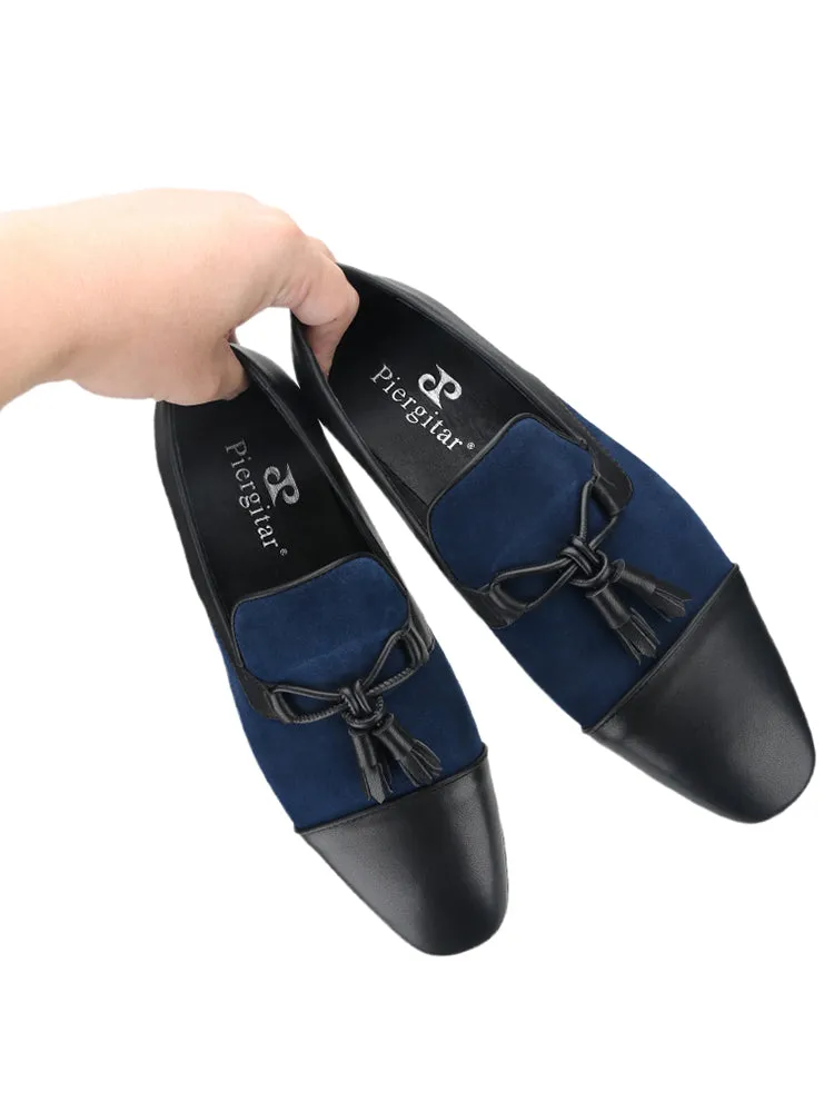 Italian design dark blue nubuck leather stitching black cowhide men's loafers handmade tassel smoking shoes