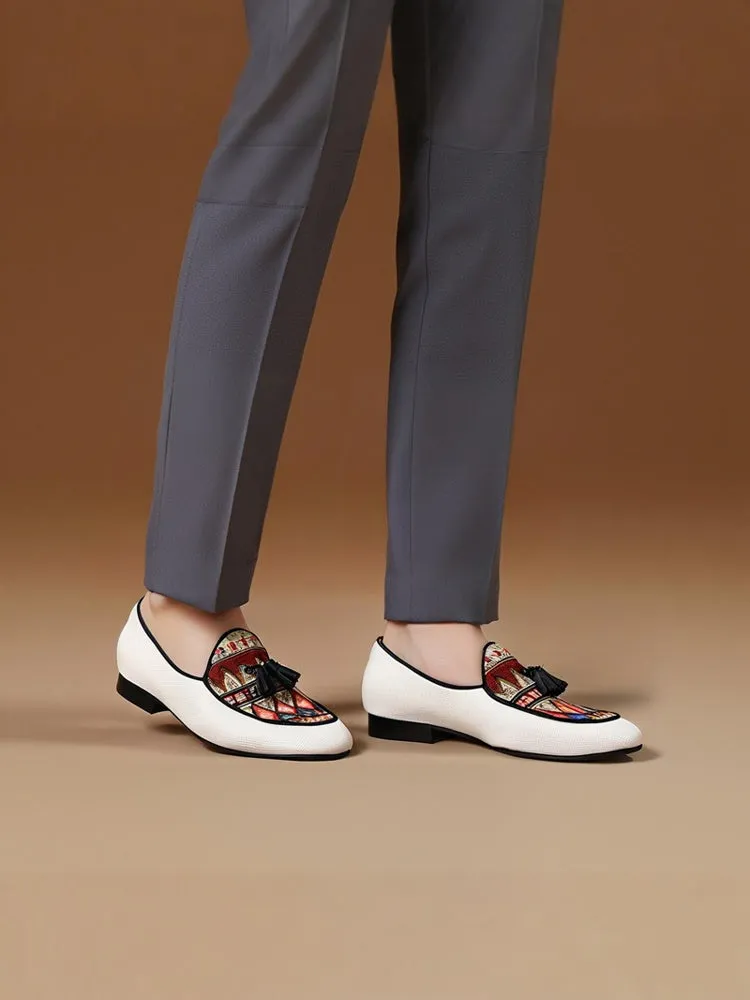 Italian design white canvas stitching ethnic knitted tassel loafers European and American style formal slip-on shoes