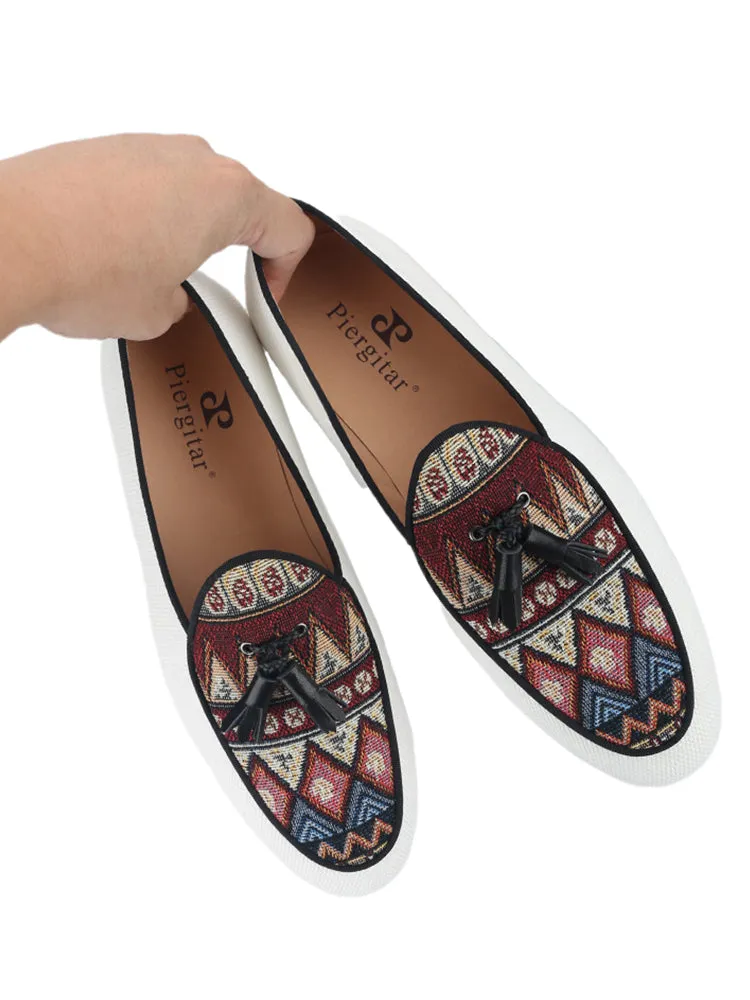 Italian design white canvas stitching ethnic knitted tassel loafers European and American style formal slip-on shoes