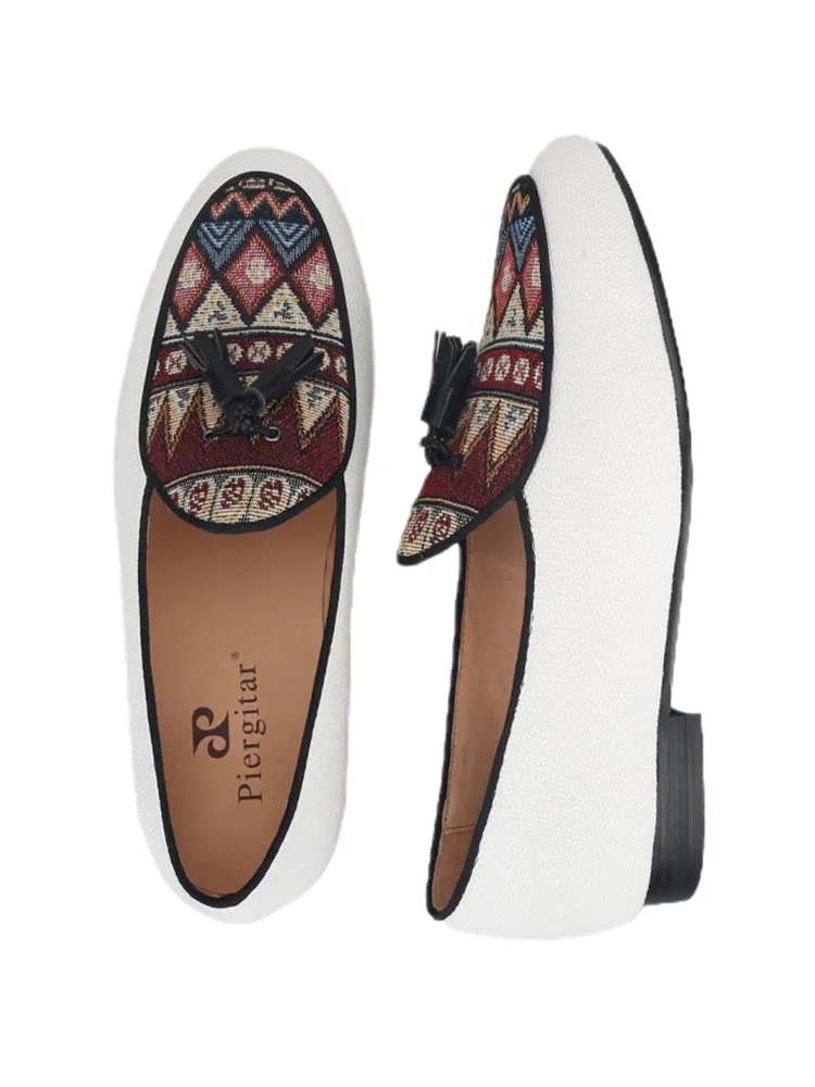 Italian design white canvas stitching ethnic knitted tassel loafers European and American style formal slip-on shoes