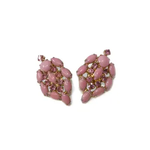 Large Pink Satin Glass Pink Crystal Goldtone Clip-Ons