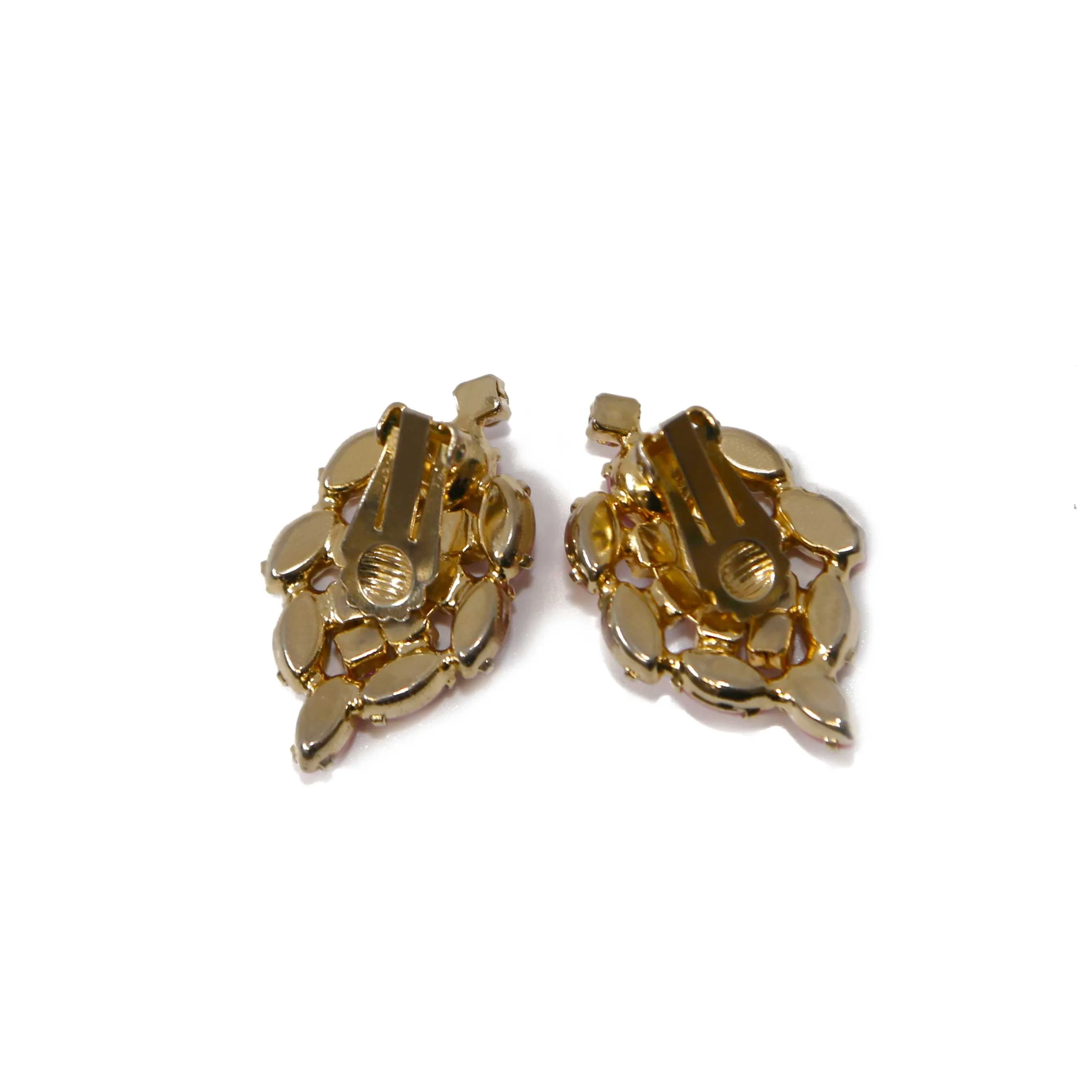 Large Pink Satin Glass Pink Crystal Goldtone Clip-Ons