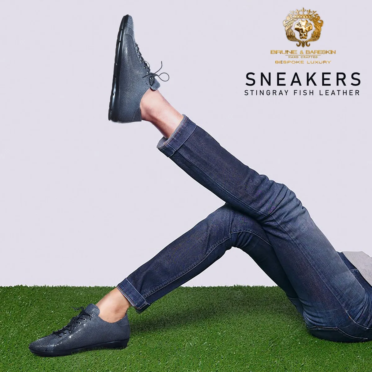 Light Weight Lace-Up Sneaker in Exotic Stingray Fish Leather