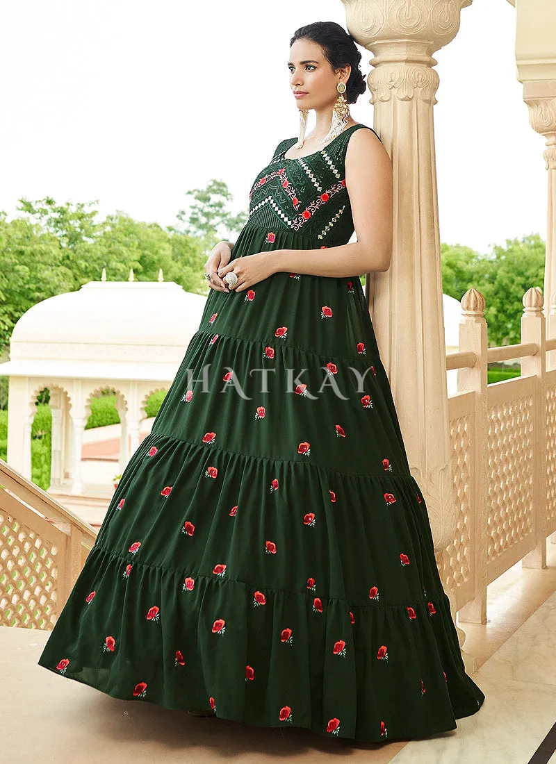 Olive Green Multi Embroidered Flared Anarkali Gown