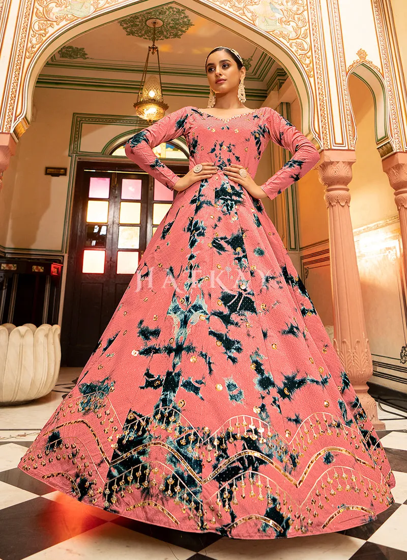 Peach Tie Dye Sequence Embroidery Bollywood Gown