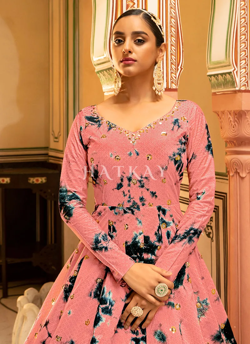 Peach Tie Dye Sequence Embroidery Bollywood Gown