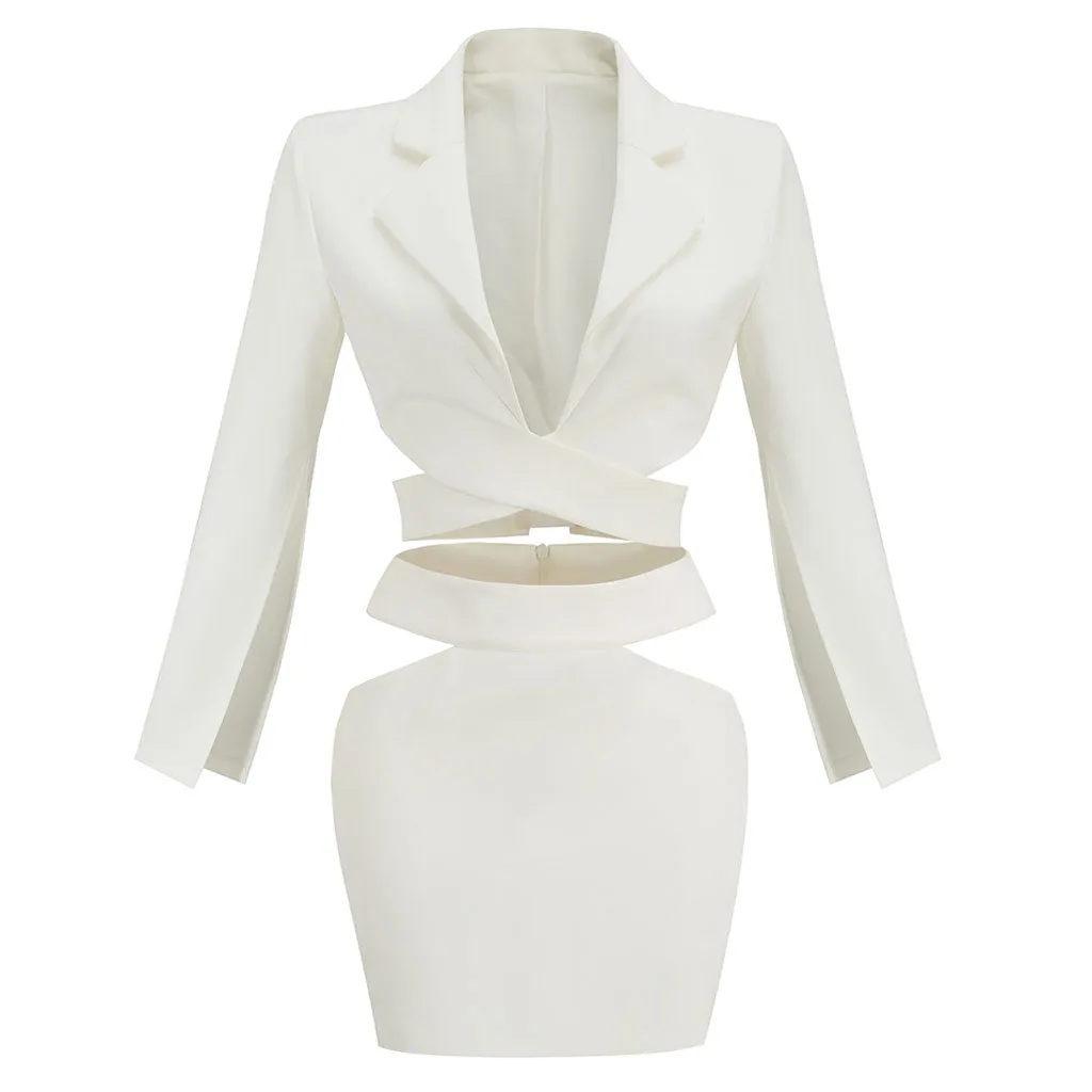 Unique Cutout Split Sleeve Wraparound Blazer Matching Set - White