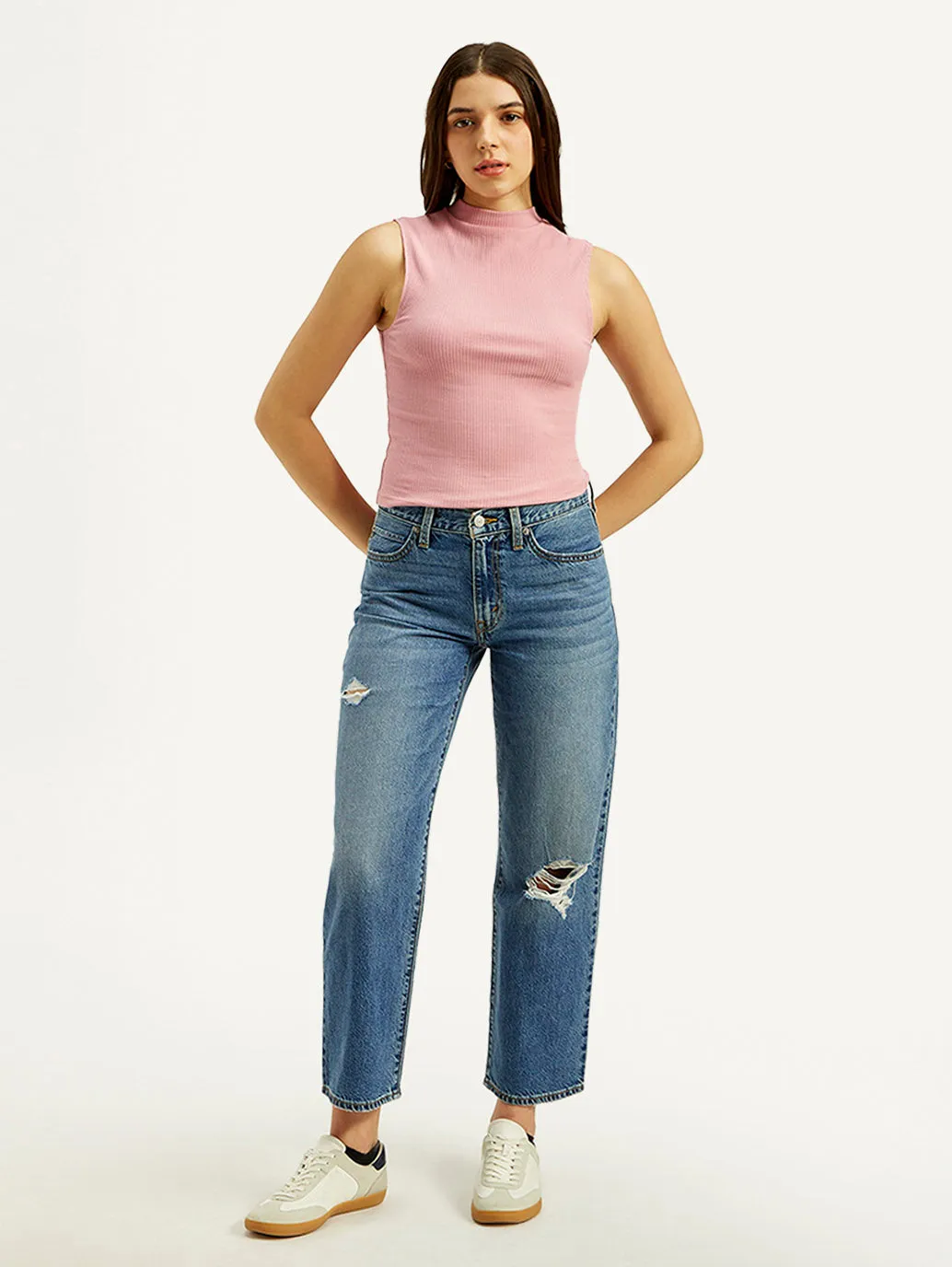Women's Mid Rise Loose Fit Blue Jeans