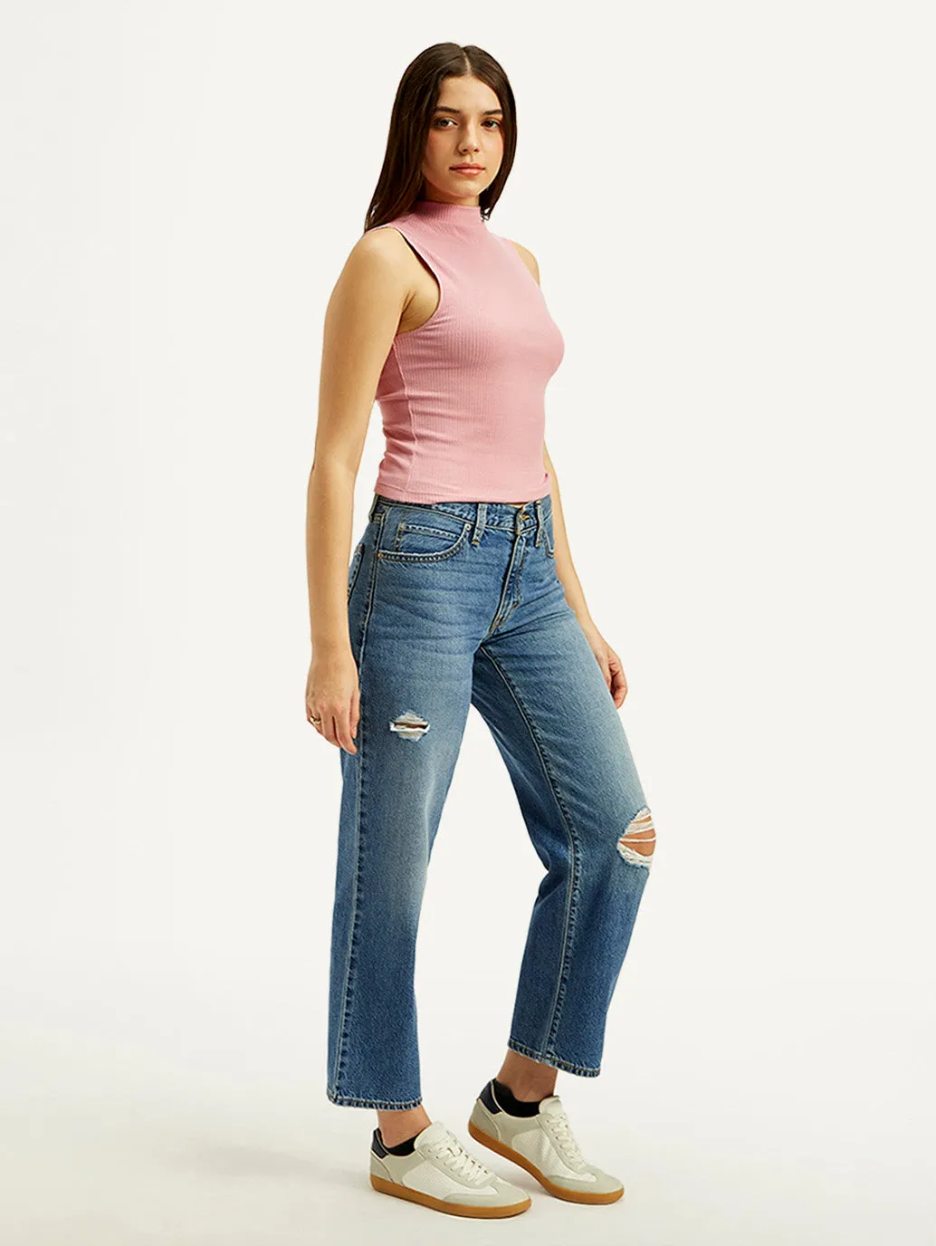 Women's Mid Rise Loose Fit Blue Jeans